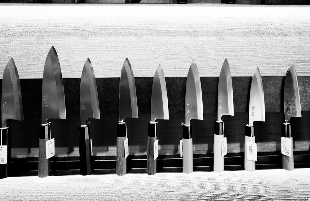 A rack of sharp kitchen knives